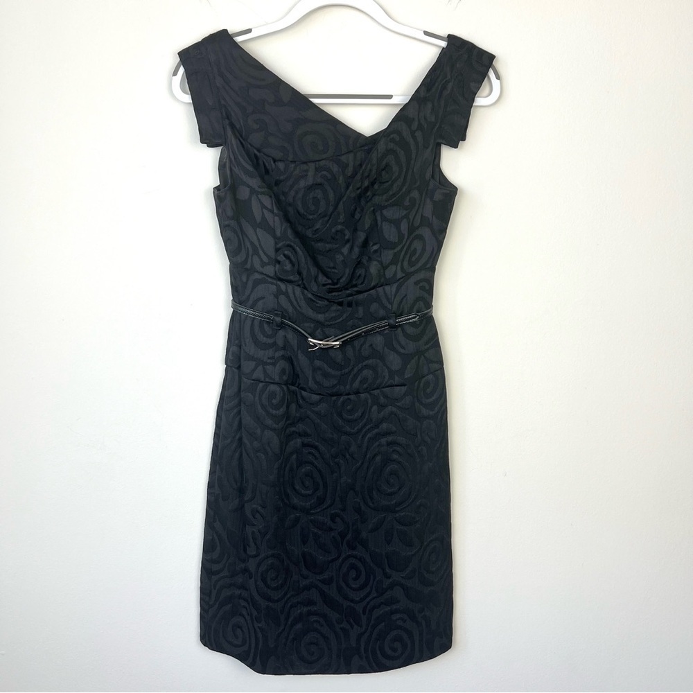 Black Halo Jackie O Belted Sheath Mini Dress Black Patterned